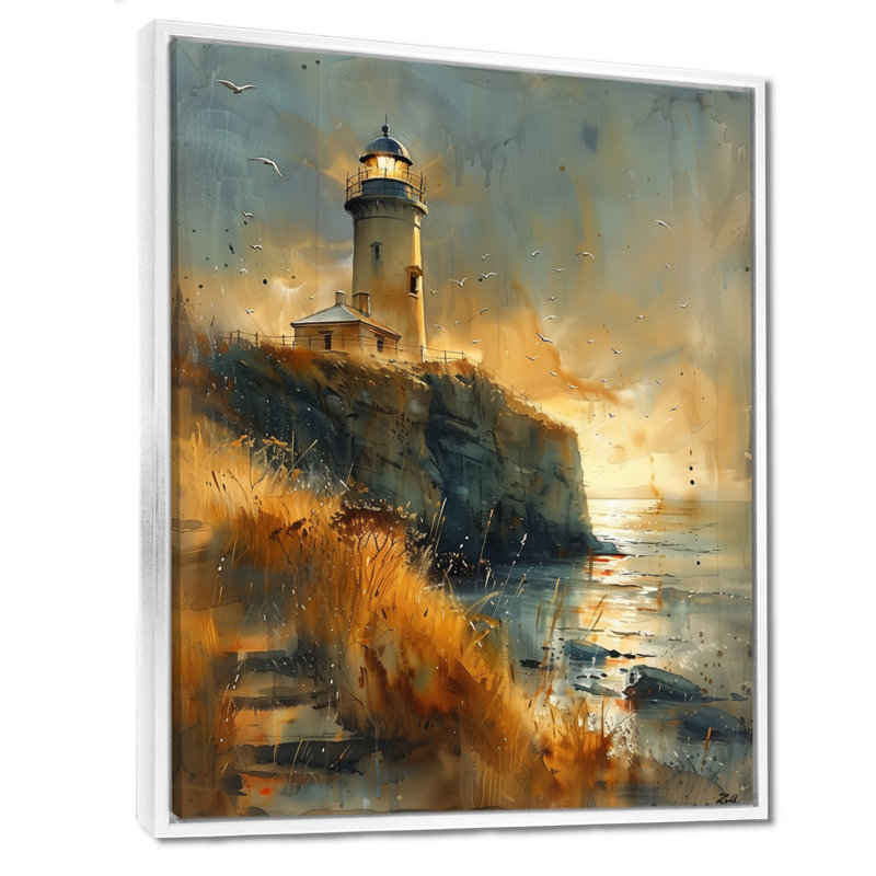 Gris, gris, orage, phare, falaise, été, phare, art mural, salon, Cadre flottant blanc, H 12 po x l 20 po