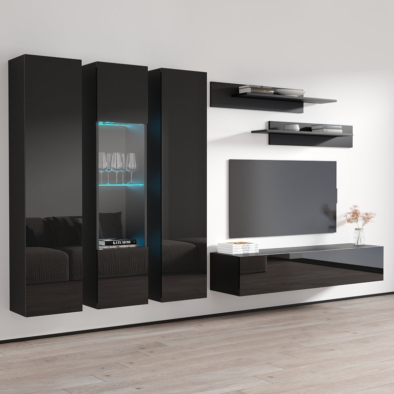 Vong 120" Modern Floating Wall Mounted Entertainment Center with 16-Color LED Lighting, High Gloss Finish, Black