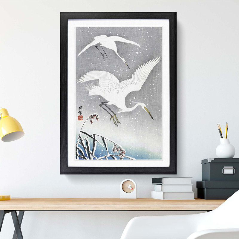 Descending Egrets by Ohara Koson - Picture Frame Painting Print, 36cm H x 27cm W x 2cm D, Black Framed