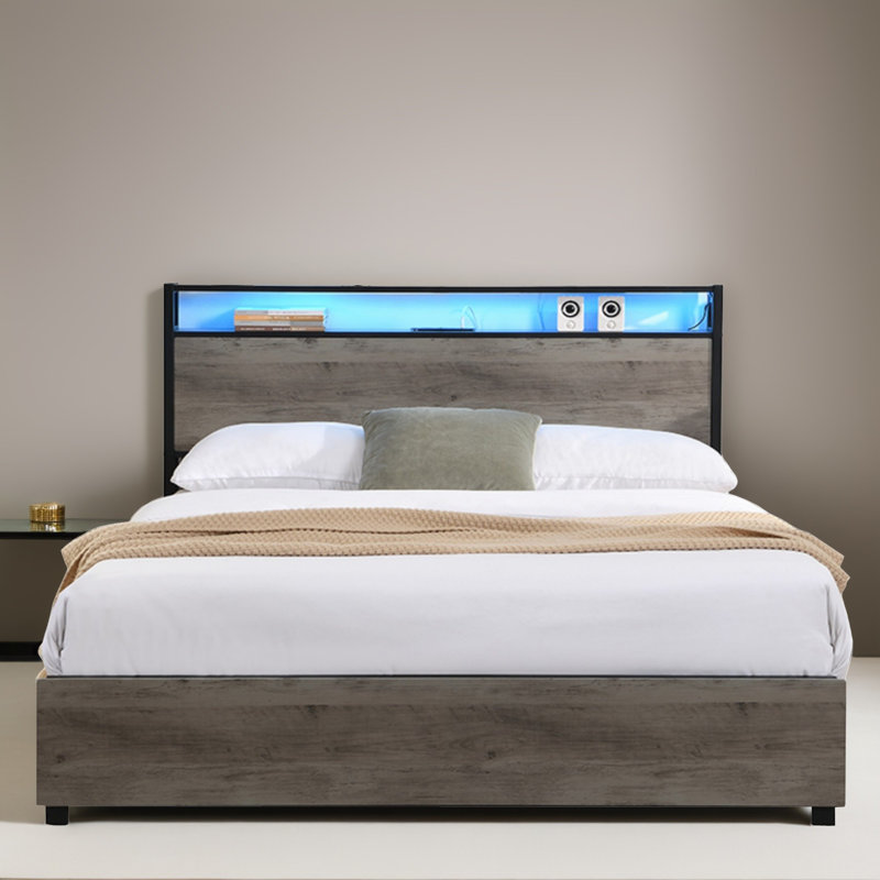 Base de lit plateforme avec tiroirs et station de charge, Gris antique, Grand lit