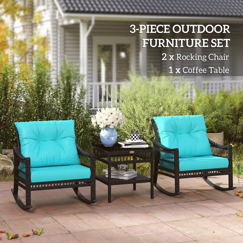 Wicker Outdoor Rocking Chair Set, 3 Piece Patio Furniture Set with Padded Cushions and Storage Coffee Table, 2-Seater PE Rattan Bistro Set for Garden Backyard Porch, Turquoise