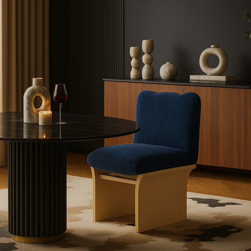 Cassady Chenille Fabric Upholstered Dining Chair, Navy Chenille Fabric, Natural