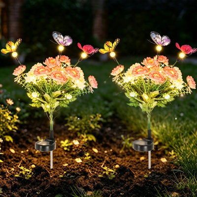 Lot de 2 lampes solaires de jardin à piquer, 7 fleurs de lotus violettes et 3 papillons colorés, éclairage crépusculaire blanc chaud, étanche IP65, pour parterres de fleurs, allées et jardinières.