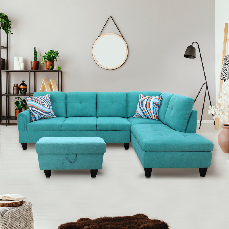 Gonen Upholstered L-Shaped Sectional, Right Hand Facing, Green Velvet/Linen Blend