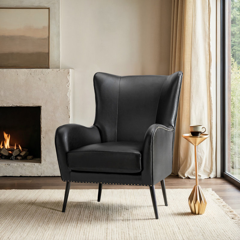 Atalyia 30" W Faux Leather Wingback Armchair with Nailhead Trim, Black Pebbled Faux Leather