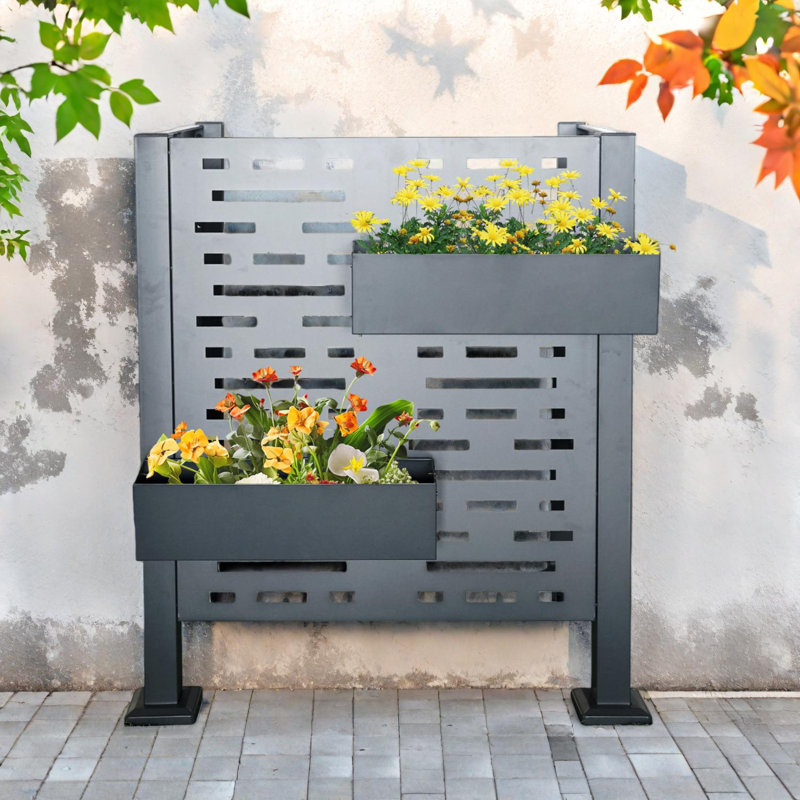 Cloison de protection pour climatiseur en métal 3 pi x 3 pi pour climatiseurs d'extérieur avec 2 boîtes à fleurs