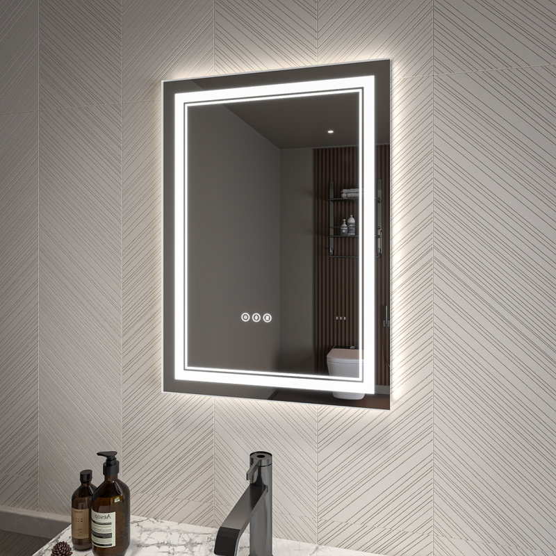 Miroir de salle de bain à DEL avec éclairage de façade en verre trempé anti-buée, 28 po x 20 po