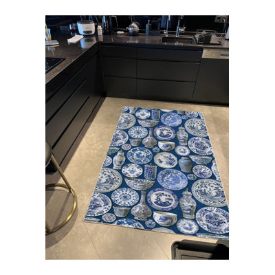 Blue Blanc Plate Vase Theme Navy Woven Base Machine Washable Rug