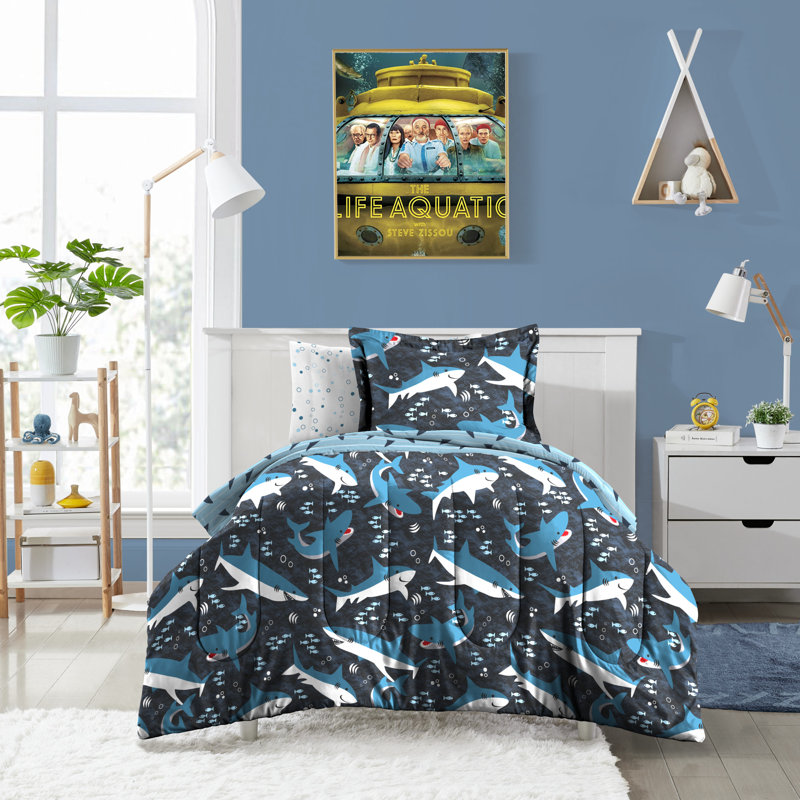Full Blue Shark Microfiber Comforter Set with 6 Pieces