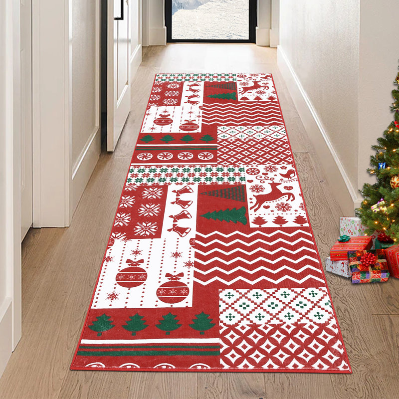 Tapis de Noël en patchwork avec rennes et flocons de neige, 2X8 FT