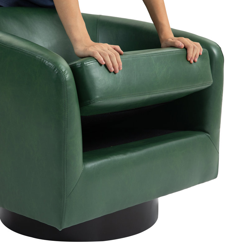 Fauteuil demi-tonneau pivotant en similicuir vert Applewold avec base en bois massif, Vert