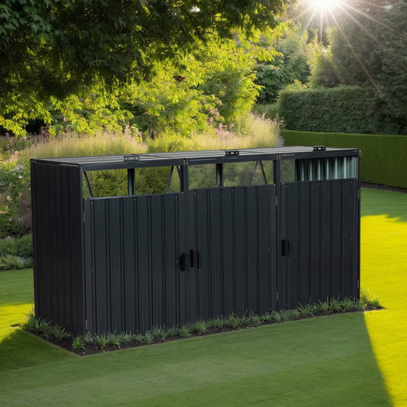Metal Outdoor Garbage Bin Shed with Lockable Doors and Lift-Up Lids, Galvanized Steel Storage for Garden or Yard, Black