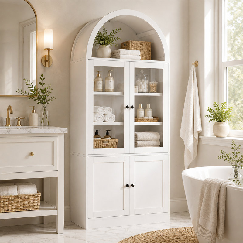 Grande armoire de rangement arquée pour salle de bain avec portes en verre, tablettes à 5 niveaux et organisateur de porte