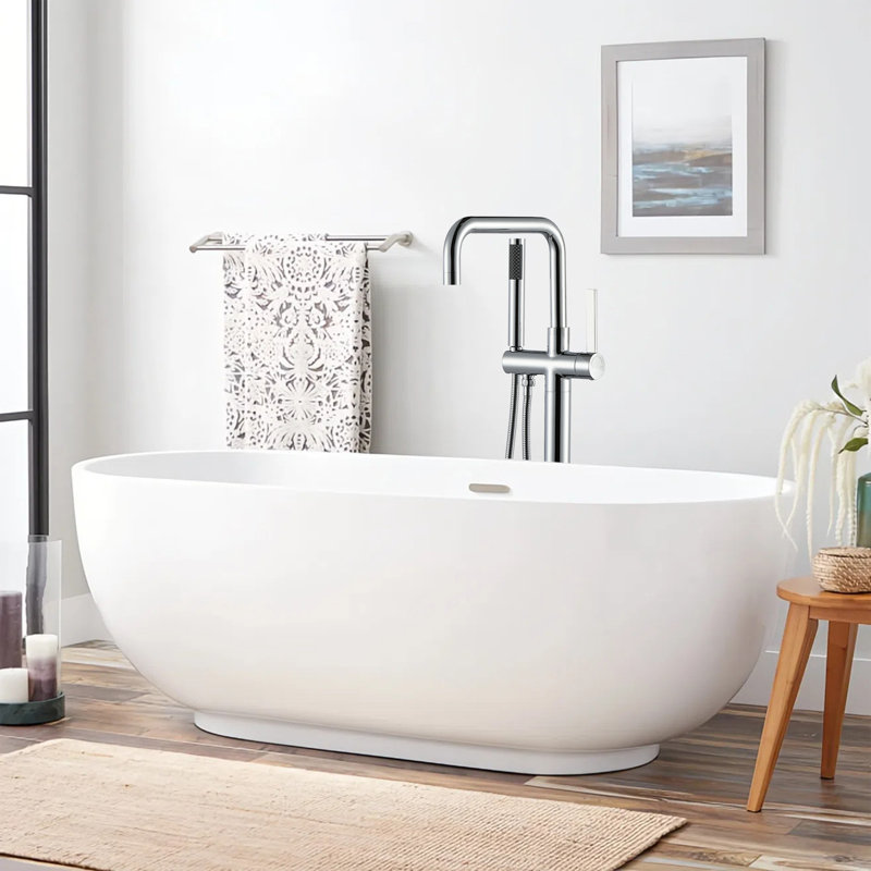 Robinet de baignoire autoportant à poignée simple avec douche à main Chrome poli, Chrome poli