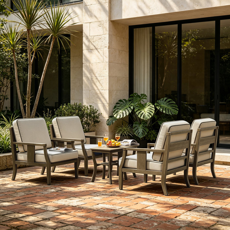 Teak Outdoor Four-person Conversation Set With Cushion And Two Side Tables, Light Camel, Brown