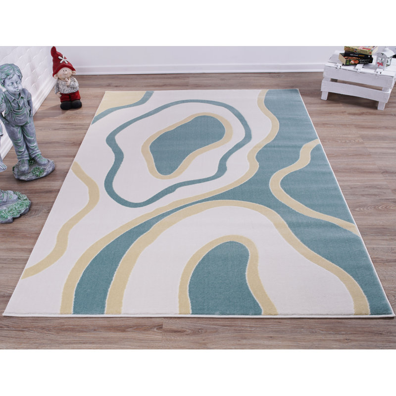 Tapis abstrait blanc/bleu Fritch, Rectangle 5 pi 3 po x 7 pi 7 po