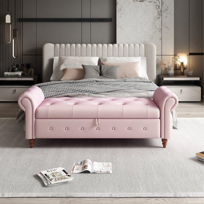 Banc de lit en velours rose, Rose