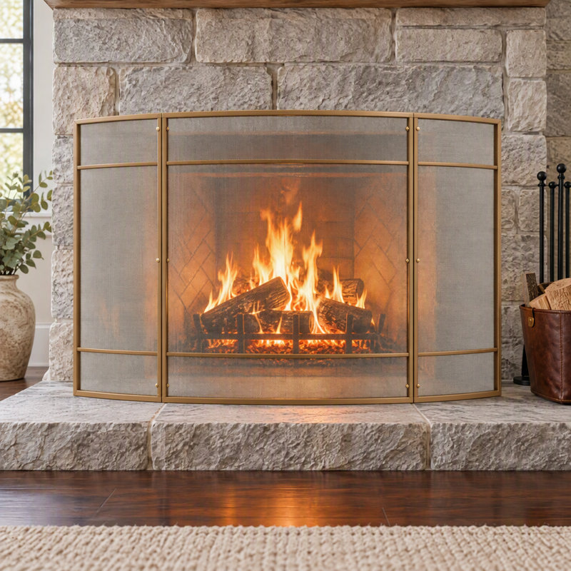 Pare-feu incurvé à 1 panneau, 130 cm x 89 cm, fini or fer., Curve-51.18"L, Doré