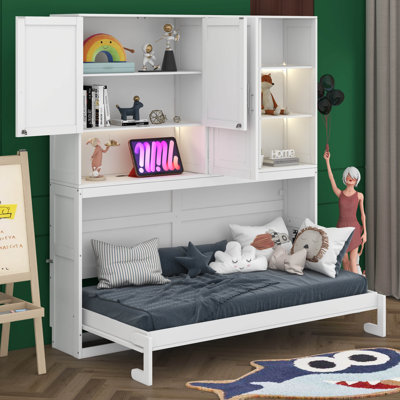 Lit escamotable simple horizontal avec armoire de rangement, lumière DEL et station de charge, armoire murale escamotable en bois avec bibliothèque et tablettes