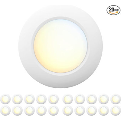 20 Packs 5CCT Field Selectable LED Low Profile Recessed & Surface Mount Disk Light, Round, 15W, 920 Lumens, CRI80, 27K-30K-35K-40K-50K, Driverless, Dimmable, ETL & Wet Rated