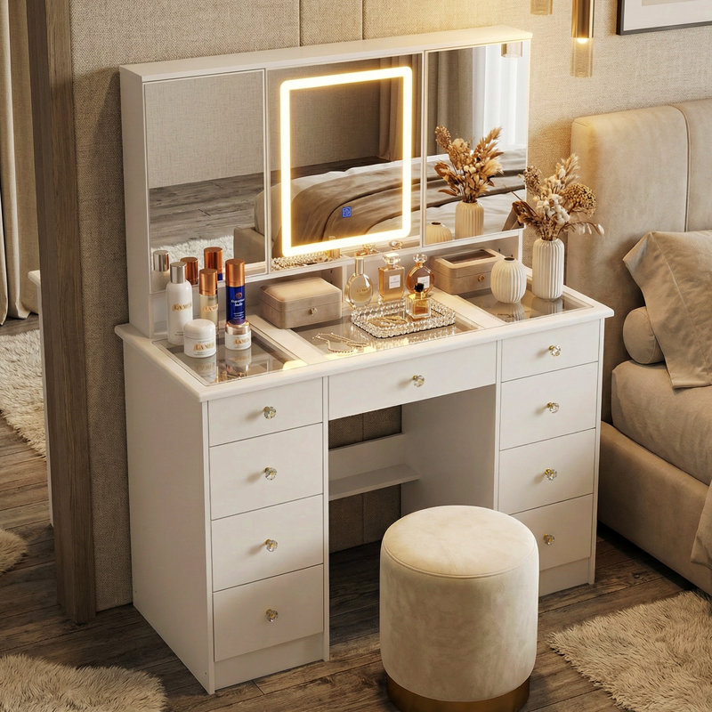 43.3" Makeup Vanity Desk with Tri-Fold LED Lighted Mirror, 9 Drawers and Hidden Storage for Bedroom, White