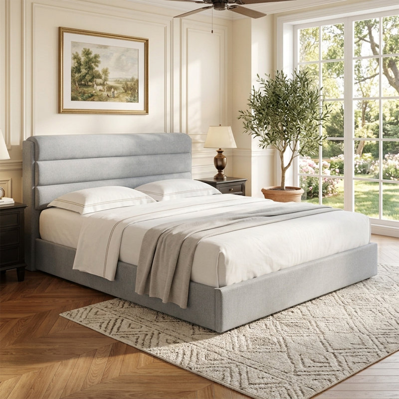 Lit plateforme tapissier avec rangement relevable, Très grand, Bleu pastel