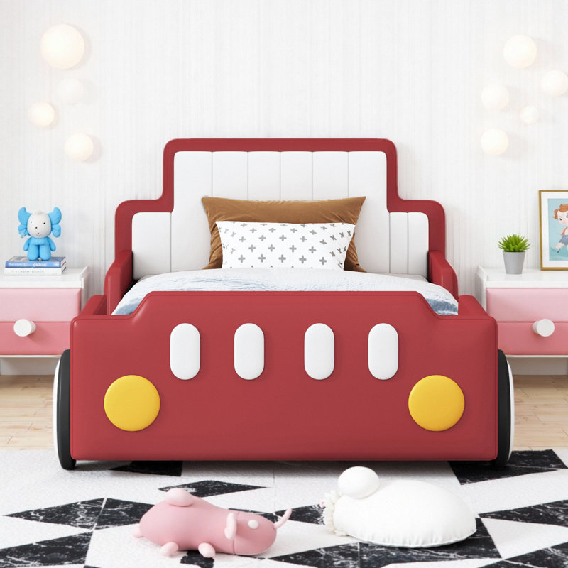 Ergonomic support Kids Race Car-Shaped Platform Bed with Wheels, Red