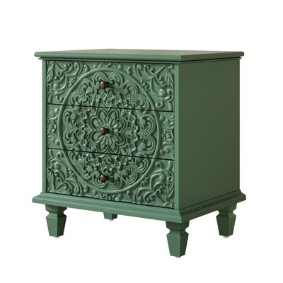 Carved Wood Nightstand with 3 Drawers, Vintage Scrollwork Embossed Accent Chest