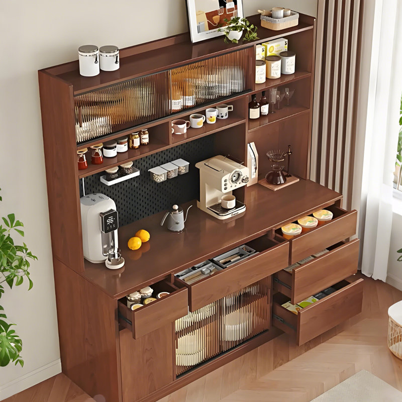 70.87" Vintage Freestanding Sideboard Storage Cabinet, Wide Countertop Holds Coffee Makers & Microwaves, Tall Living Room Display Cabinet, Eco Wood Panel Multi-layer Kitchen Pantry Cabinet