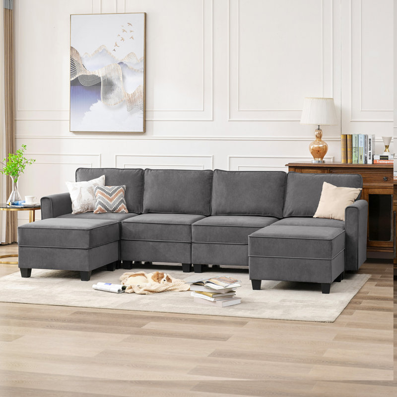 Canapé modulaire rembourré 7 pièces Zellar, Velours gris