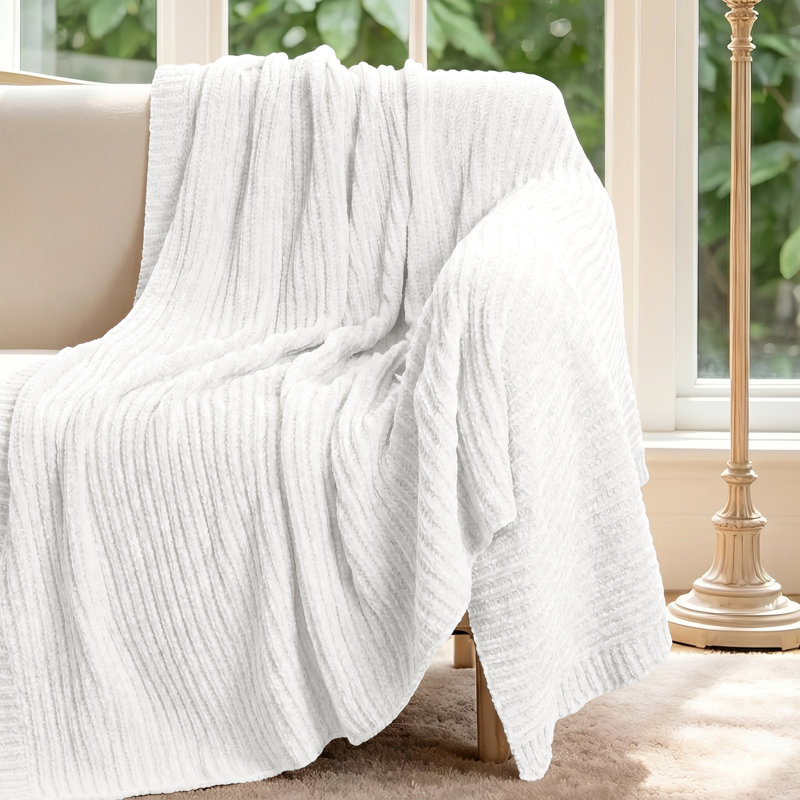 Soft Plush Lightweight Reversible Chenille Throw Blanket, White