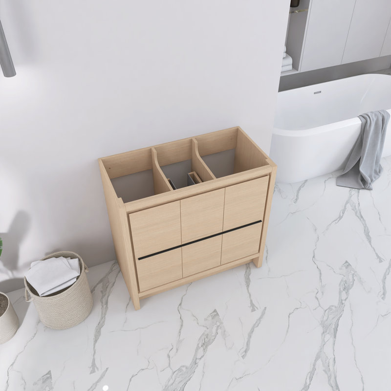 36 Inch Freestanding Bathroom Vanity Base, Soft-Close Cabinet Doors and Drawers, Dune Oak