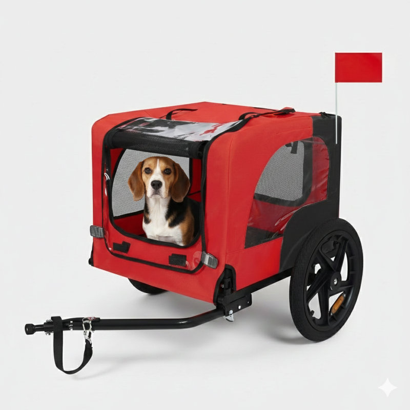 Trailer Cart Attachable to Bicycles for Small and Medium-Sized Dogs, Engineered with a Simple Folding Frame, Rapid-Detach Wheels, a Slip-Resistant Floor, and a Safety Leash Inside