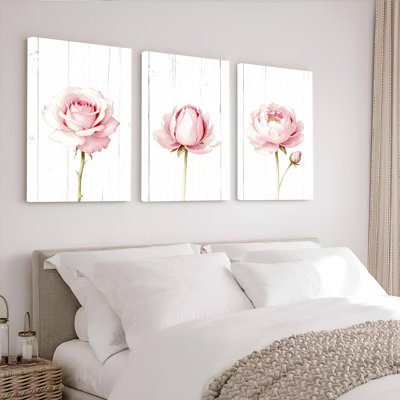 Pink Roses on White Wood Background Canvas Wrapped Wall Art, Floral Print (Set of 3)