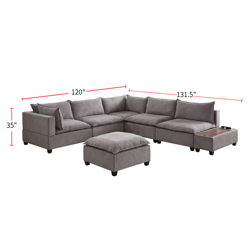 Gouvernour Velvet Sectional, Light Gray Polyester Blend