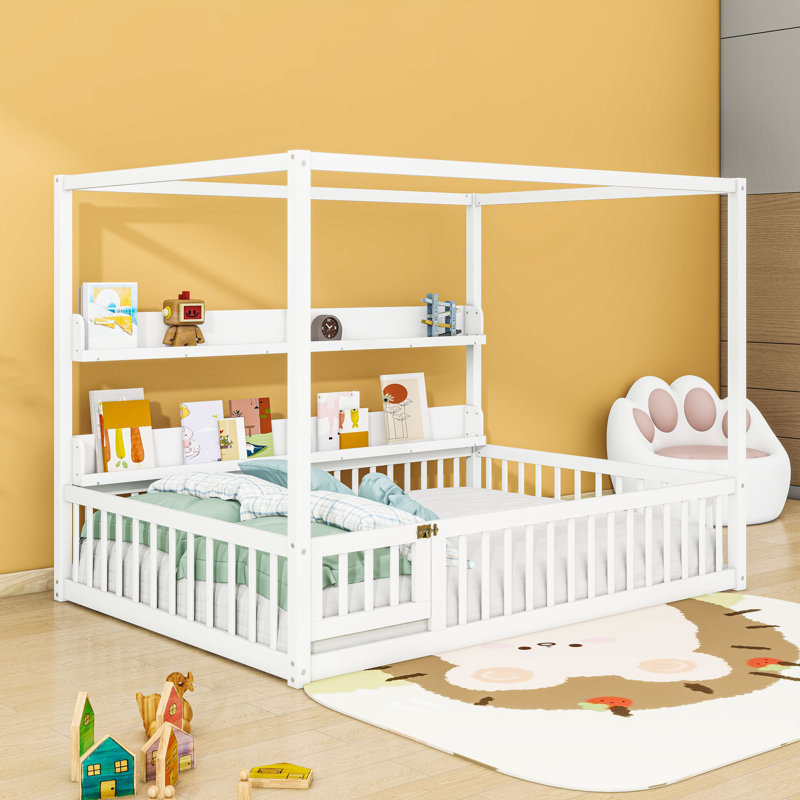 Floor Bed With Guardrails And Shelves, Twin, White