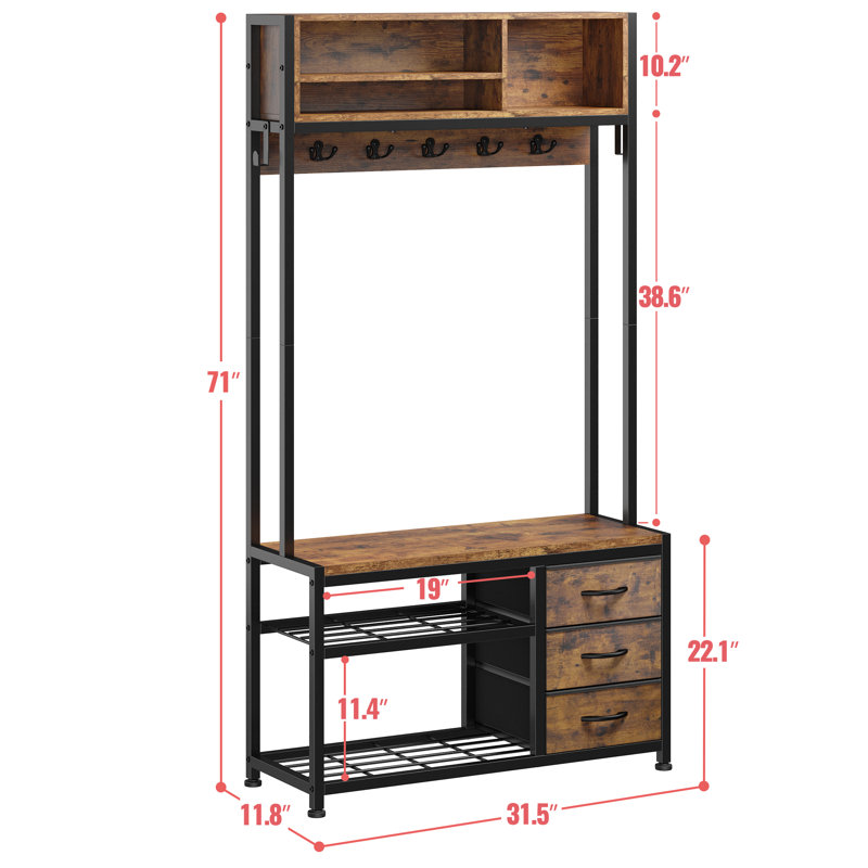 Portemanteau Stephaie de 31,5 po de largeur, portemanteau 4 en 1 avec banc et rangement pour chaussures