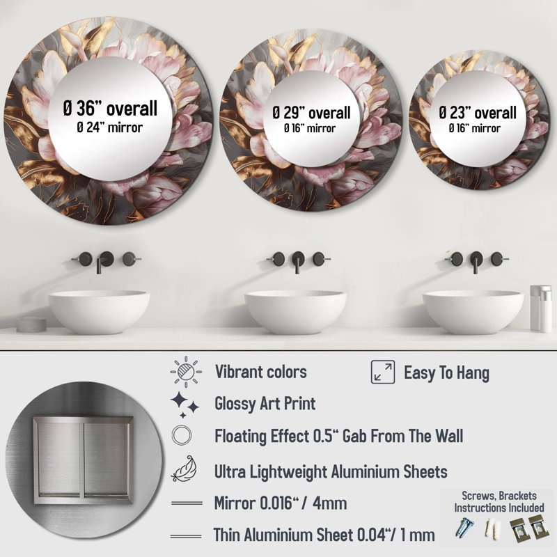 Quesean rose or pivoines pétales - miroir décoratif pivoines, miroir mural rond rose, art imprimé en métal, 29 po x 29 po