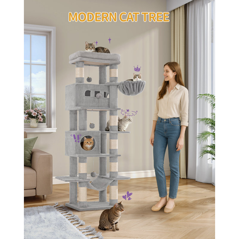 Cat Tree for Indoor Cats, Large Tall Cat Tower, Multi-Level Cats House with Condo, 8 Scratching Posts, Hammock, 4 Pom Poms