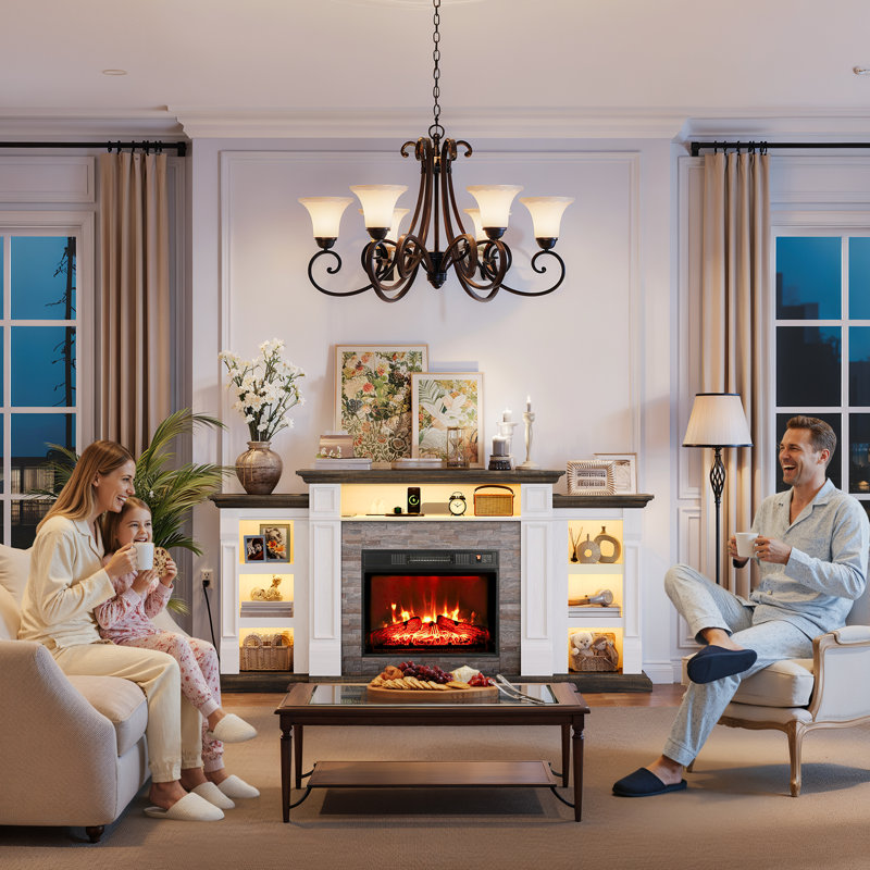 72" Fireplace TV Stand for TVs up to 80" with Fireplace Included, Entertainment Center with Charging Station & LED Light, White Brown