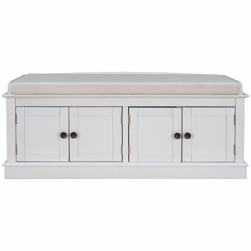 Elegant Storage Bench Entryway Bench Upholstered Bench with 4 Doors and Adjustable Shelves, White