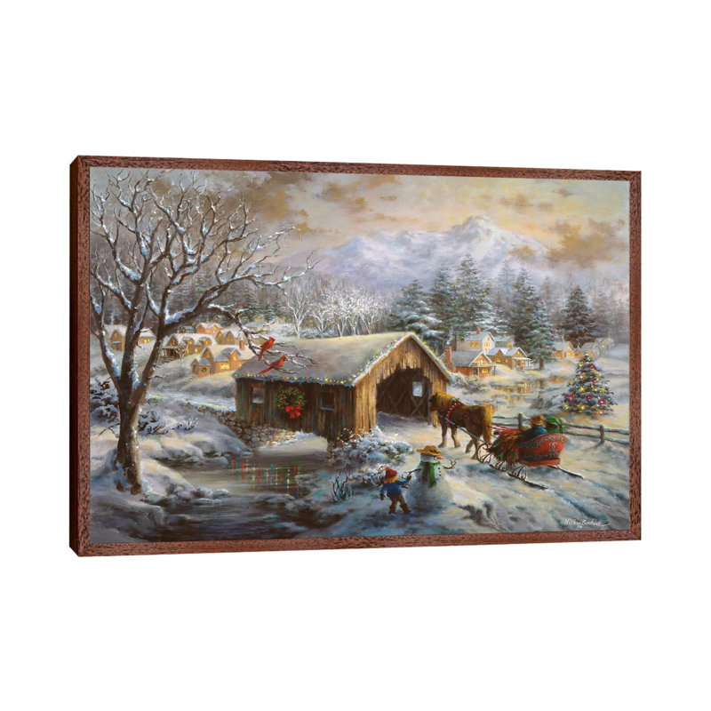 Covered Bridge by Nicky Boehme - Floater Frame Painting on Canvas, 66.04 cm H x 45.72 cm W, Brown