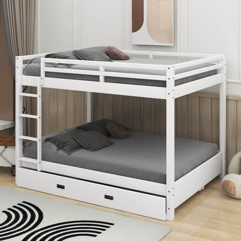 Queen Size Bunk Bed With Ladder And Trundle, White