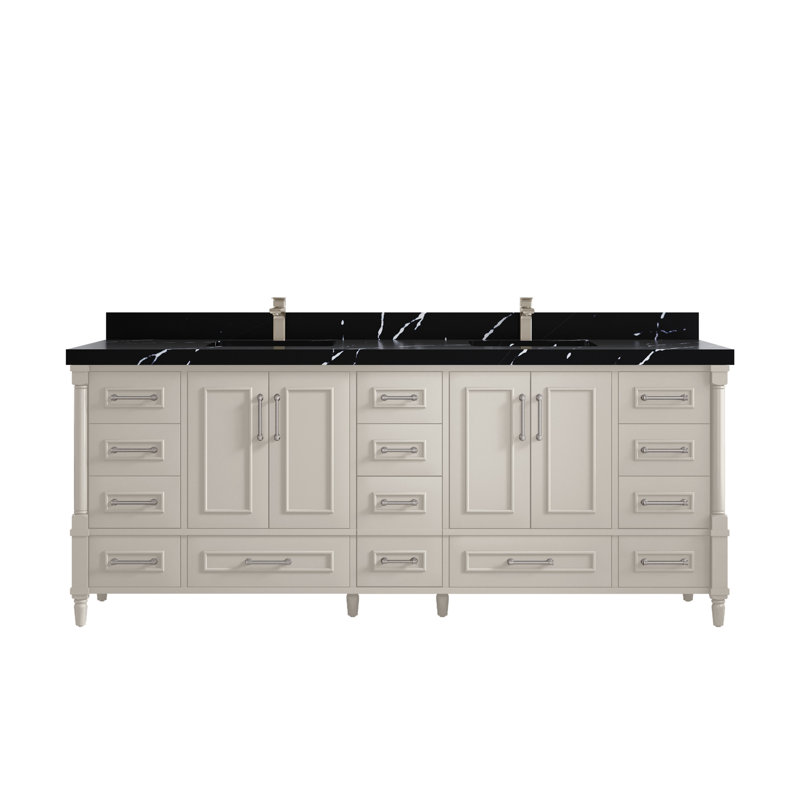 Ensemble de meuble-lavabo double 84 po Aberdeen, Noir Calacatta, Grain fin