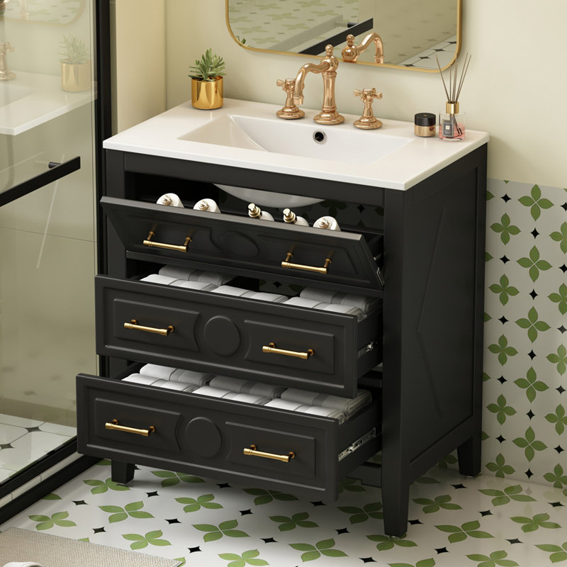 Ensemble de meuble-lavabo simple autoportant avec 3 tiroirs, Black