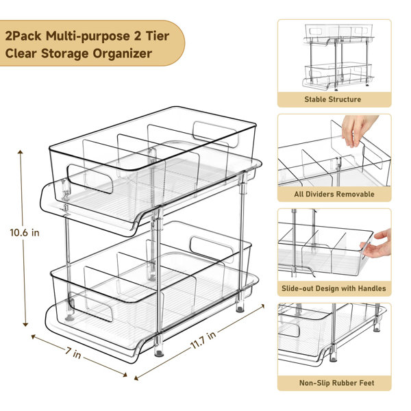 2 Tier Clear Organizers and Storage with Dividers, Pull Out Under Sink  Organizer,Multipurpose Drawer Basket, Kitchen Bathroom Countertop Vanity,  Medicine Cabinet Office Storage Bins 