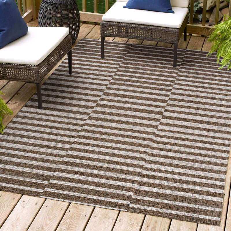 Aghamjot Modern Offset Stripe Brown/Beige Indoor/Outdoor Rug, Rectangle 7'9" x 10'