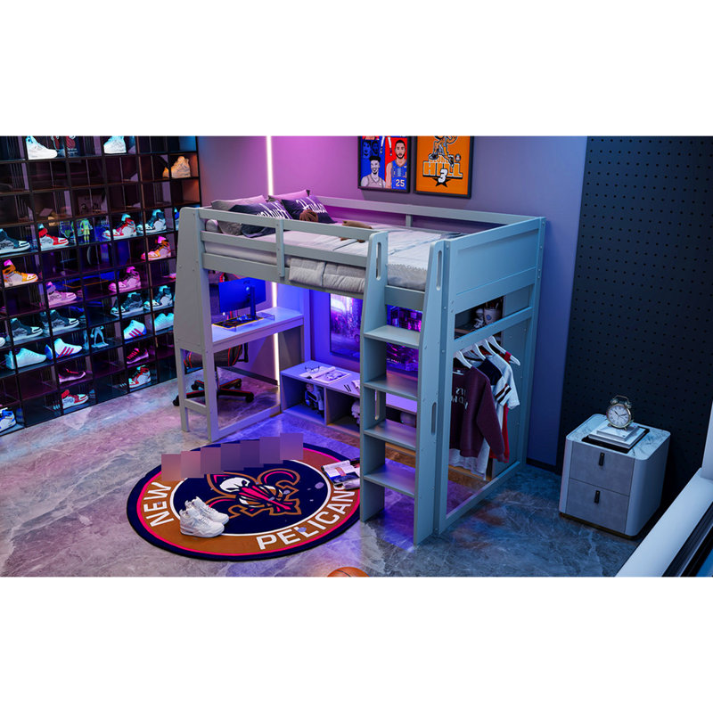 Lit mezzanine simple gris avec bureau, éclairage à DEL, support multicolore et support suspendu