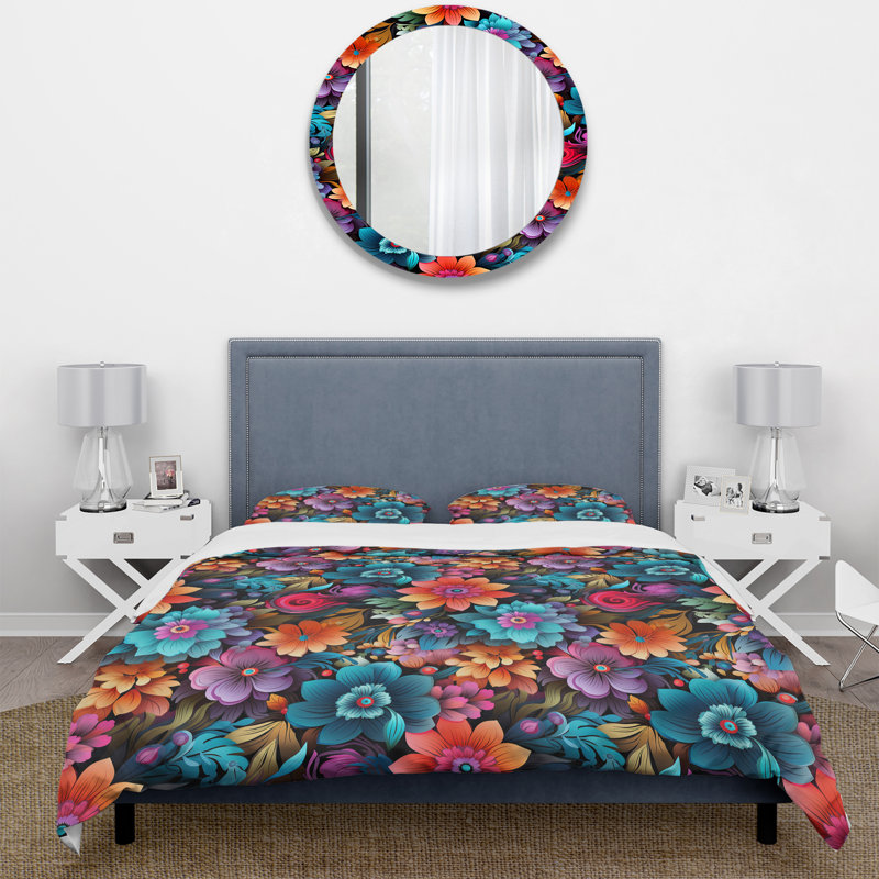 Eclectic Mandala Boho Pattern Floral Duvet Cover, King Duvet Cover + 2 King Shams