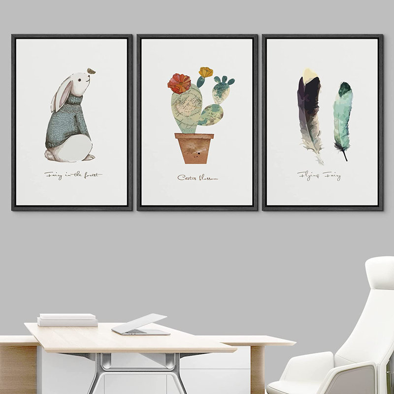 IDÉE4WALL, ensemble de reproductions d'art encadrées, lapin, cactus et plumes, trio, nature sauvage, illustrations, art moderne, rustique, pastel coloré pour le salon, la chambre à coucher, le bureau